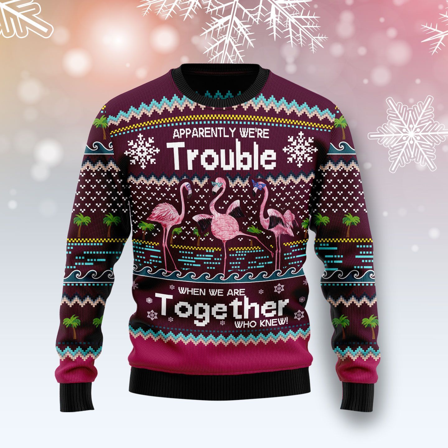 Flamingo Trouble Together Ugly Christmas Sweater Flamingo Trouble Together Ugly Christmas Sweater