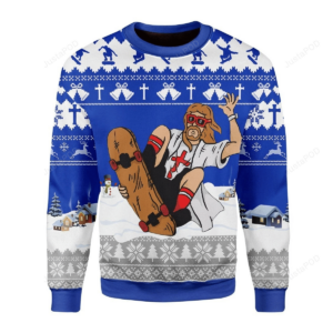 Funny Christmas Jesus Skateboarding On Snow Ugly Christmas Sweater