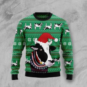 Funny Dairy Cow Wearing Santa Hat Ugly Christmas Sweater
