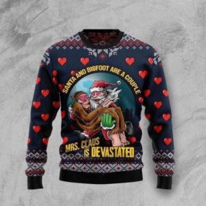 Funny Santa And Bigfoot Are A Couple Navy Ugly Christmas Sweater