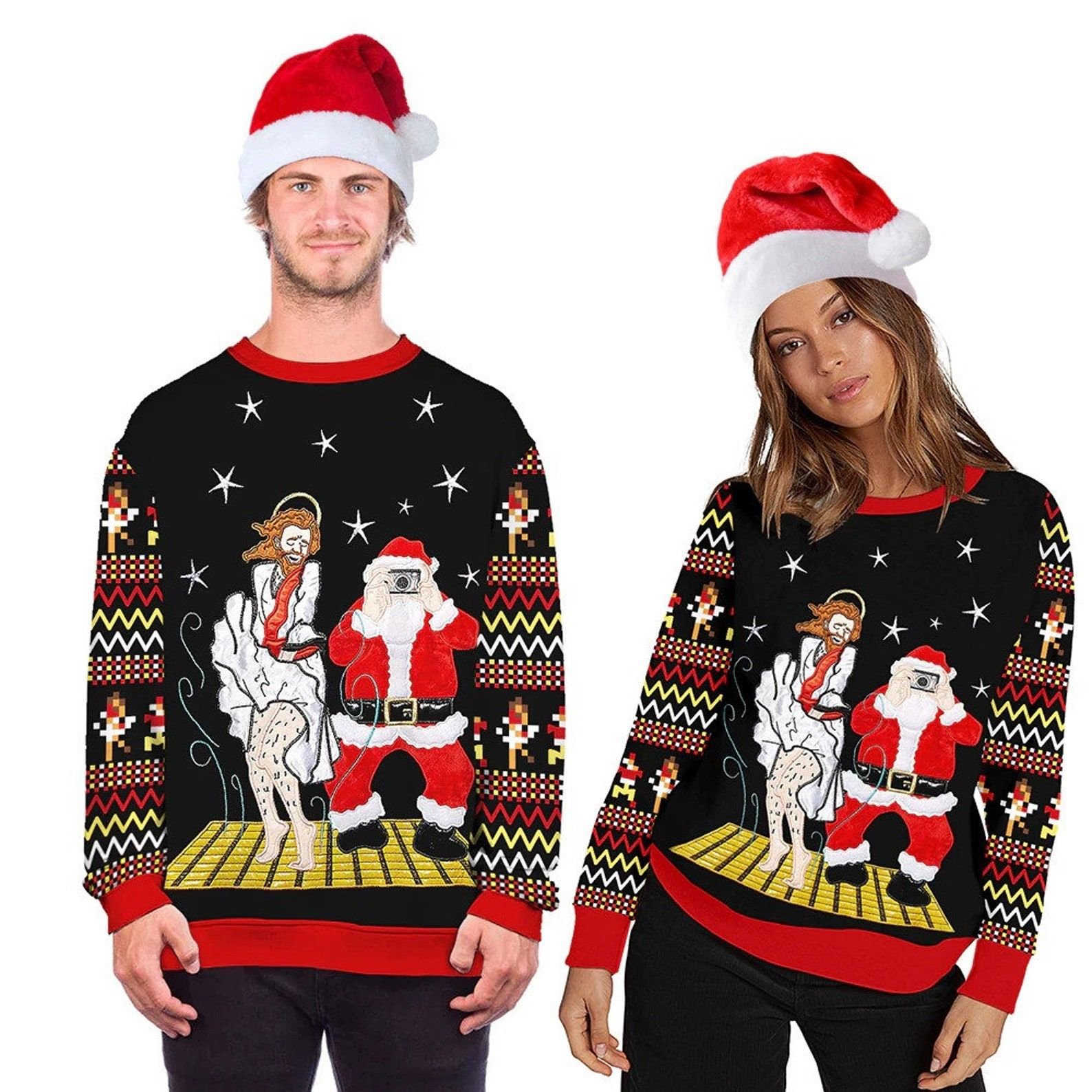 Funny Santa And Jesus Ugly Christmas Sweater Funny Santa And Jesus Ugly Christmas Sweater