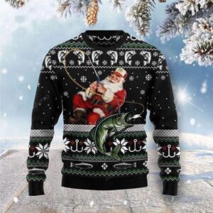 Funny Santa Claus Fishing Black Ugly Christmas Sweater