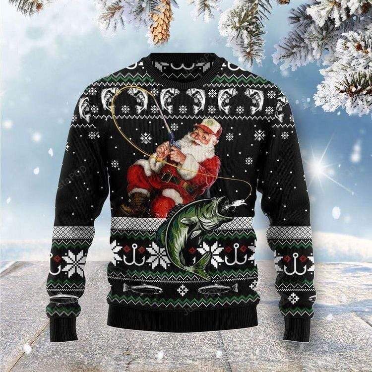 Funny Santa Claus Fishing Black Ugly Christmas Sweater Funny Santa Claus Fishing Black Ugly Christmas Sweater