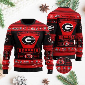 Georgia Bulldogs Football Team Logo Custom Name Personalized Ugly Christmas Sweater