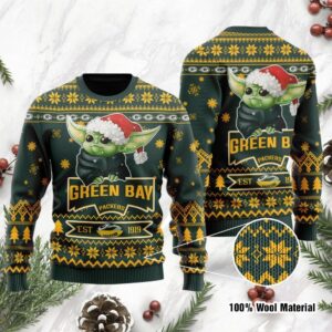 Green Bay Packers Cute Baby Yoda Grogu Holiday Party Ugly Christmas Sweater