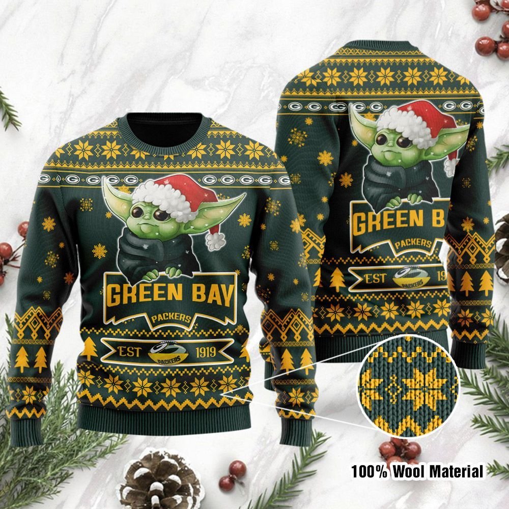 Green Bay Packers Cute Baby Yoda Grogu Holiday Party Ugly Christmas Sweater Green Bay Packers Cute Baby Yoda Grogu Holiday Party Ugly Christmas Sweater