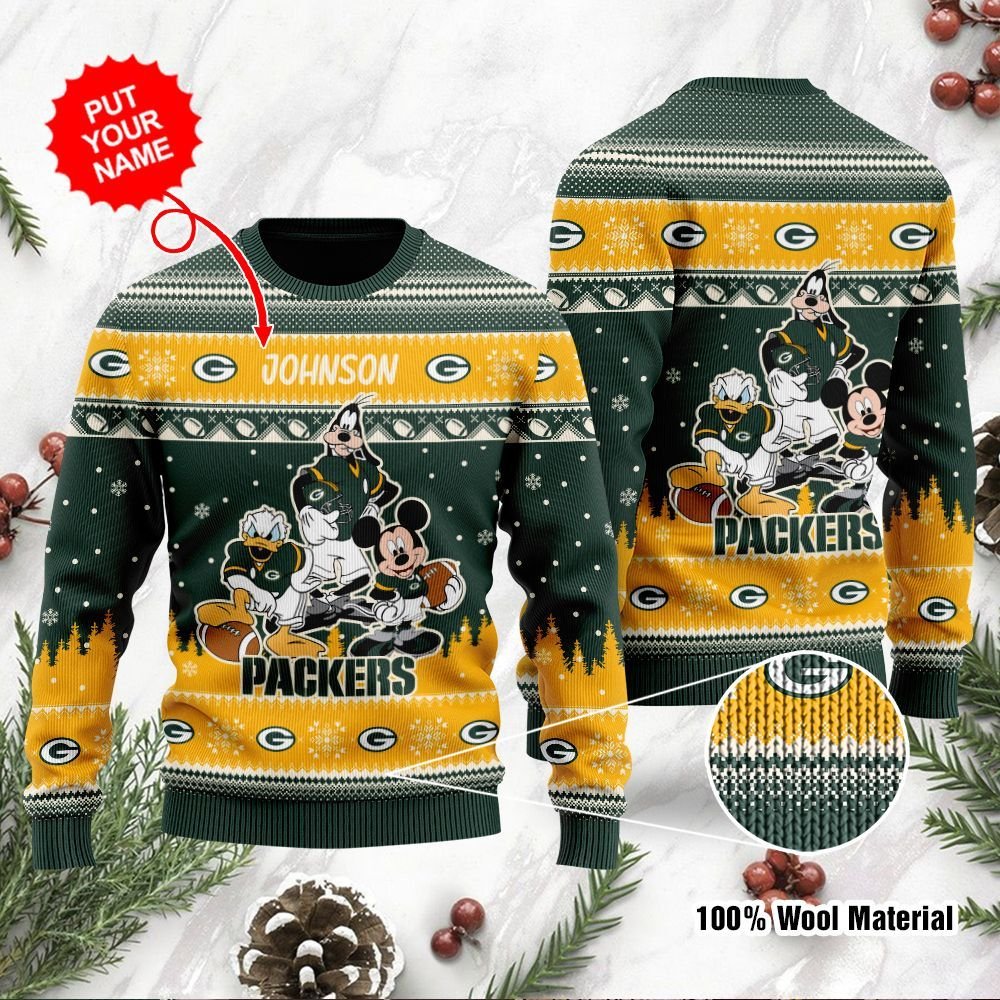 Green Bay Packers Disney Donald Duck Mickey Mouse Goofy Personalized Ugly Christmas Sweater Green Bay Packers Disney Donald Duck Mickey Mouse Goofy Personalized Ugly Christmas Sweater