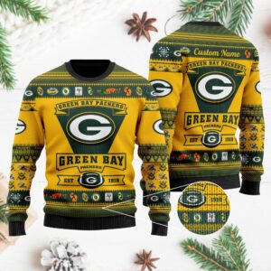 Green Bay Packers Football Team Logo Custom Name Personalized Ugly Christmas Sweater