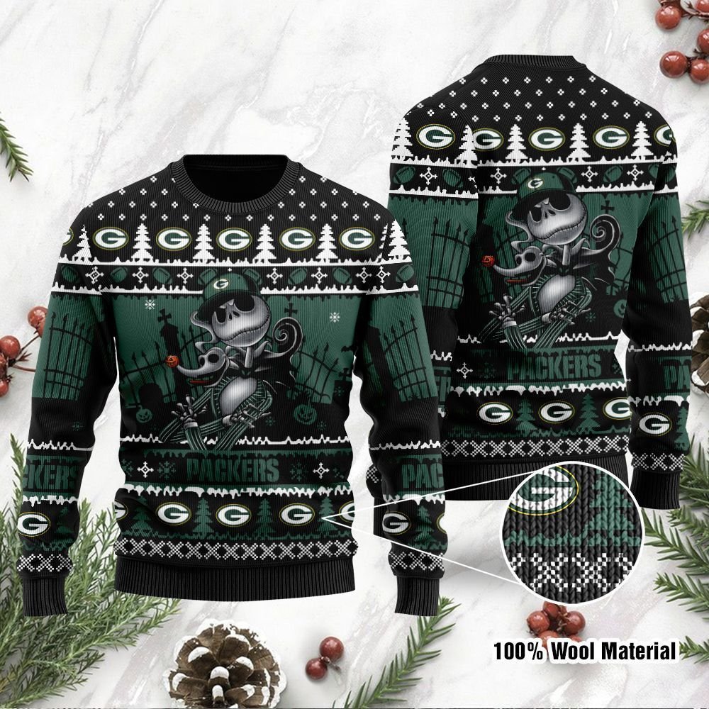 Green Bay Packers Jack Skellington Halloween Ugly Christmas Sweater Green Bay Packers Jack Skellington Halloween Ugly Christmas Sweater