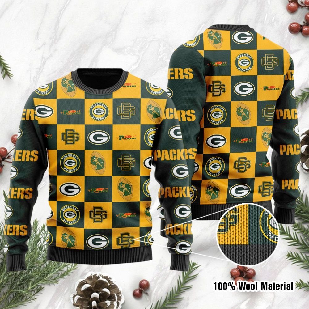 Green Bay Packers Logo Checkered Flannel Ugly Christmas Sweater Green Bay Packers Logo Checkered Flannel Ugly Christmas Sweater