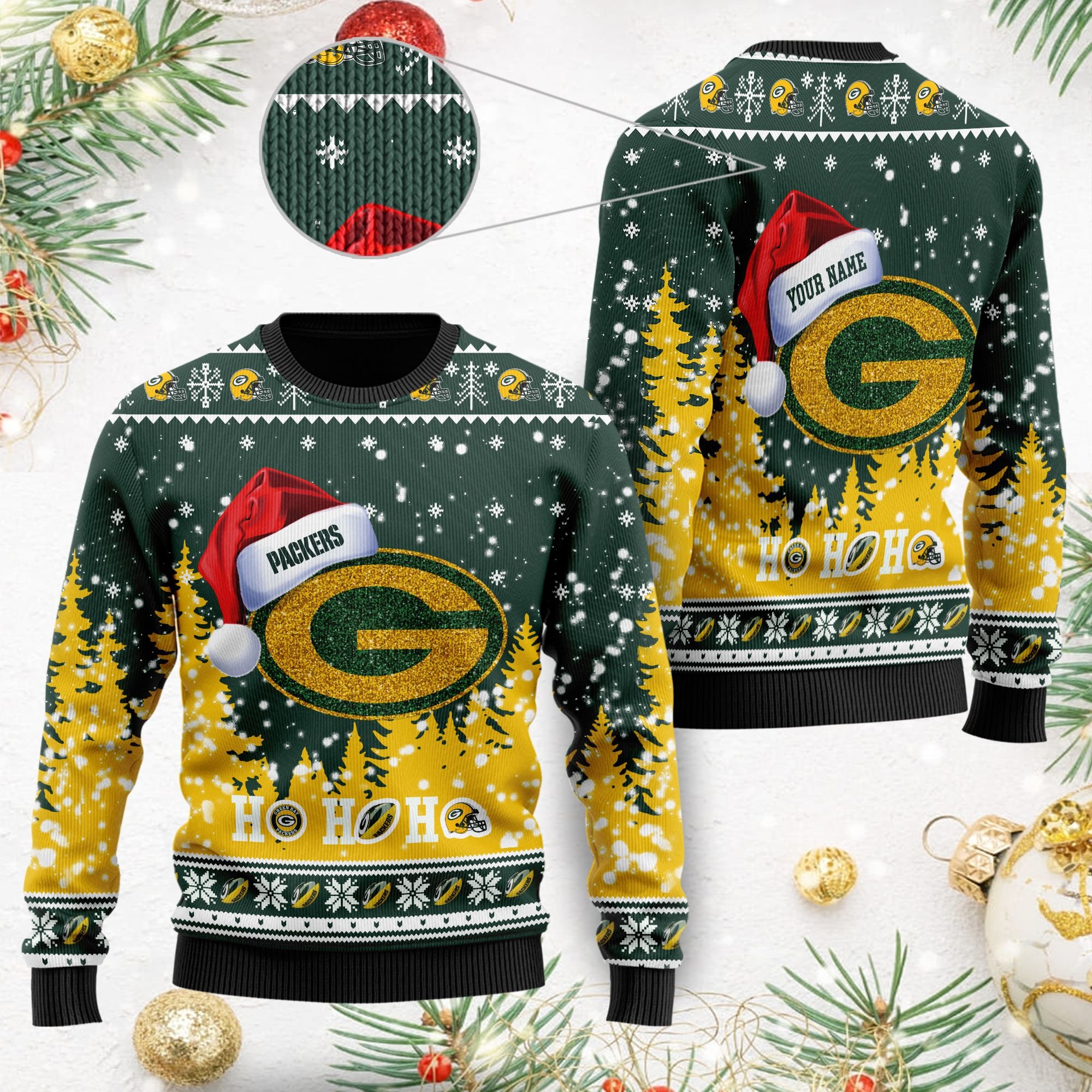 Green Bay Packers Symbol Wearing Santa Claus Hat Ho Ho Ho Custom Personalized Ugly Christmas Sweater Green Bay Packers Symbol Wearing Santa Claus Hat Ho Ho Ho Custom Personalized Ugly Christmas Sweater