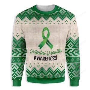 Green Ribbon Mental Health Awareness Ugly Christmas Sweater