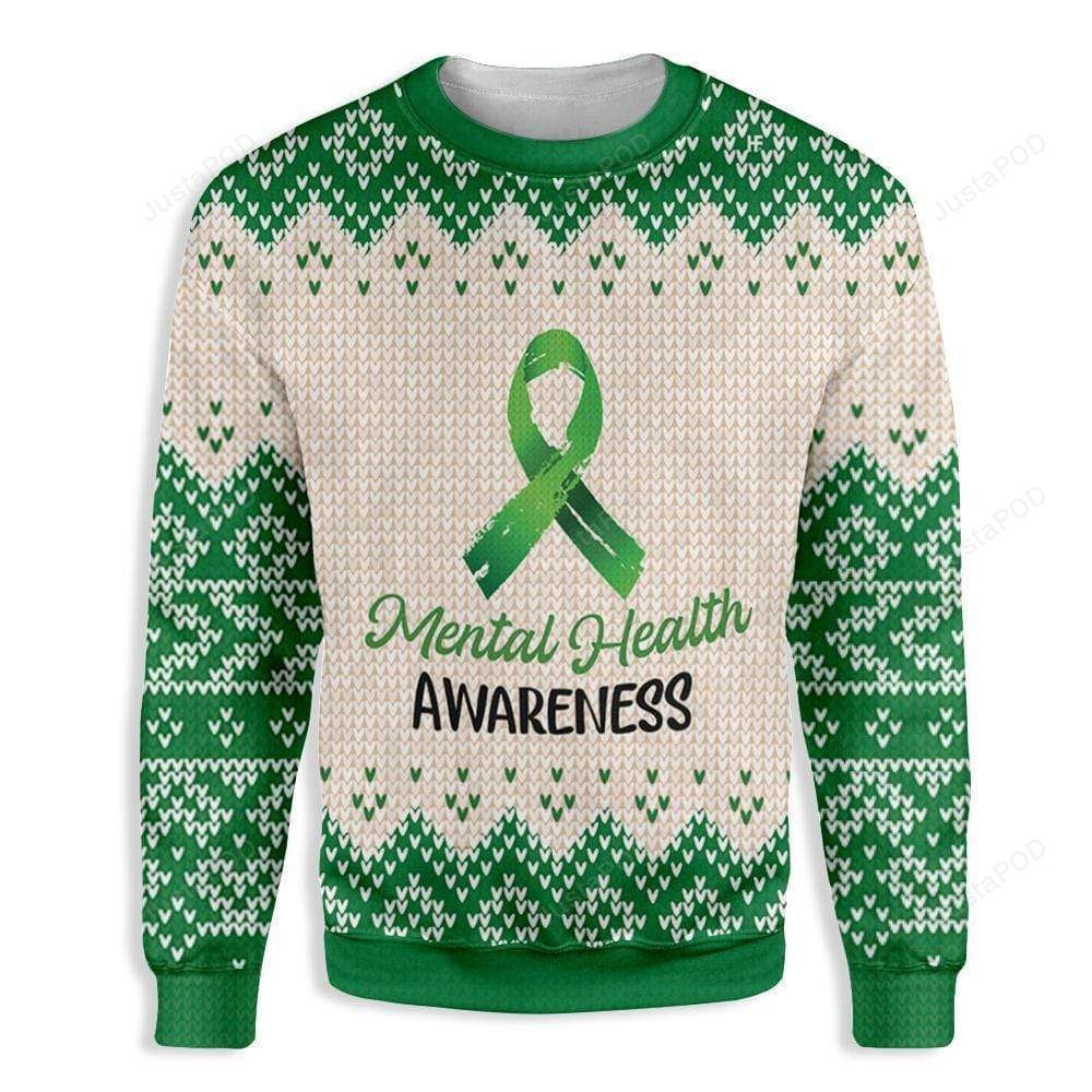 Green Ribbon Mental Health Awareness Ugly Christmas Sweater Green Ribbon Mental Health Awareness Ugly Christmas Sweater