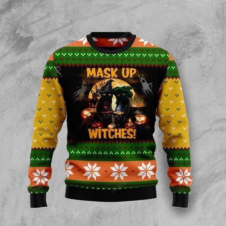 Halloween Black Cat Mask Up Witches Ugly Christmas Sweater Halloween Black Cat Mask Up Witches Ugly Christmas Sweater