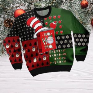 Ho Ho Ho Teacher Ugly Sweater With A Book Wearing Dr. Seuss Hat And Christmas Pattern For Teachers On National Ugly Christmas Sweater
