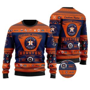 Houston Astros Football Team Logo Custom Name Personalized Ugly Christmas Sweater