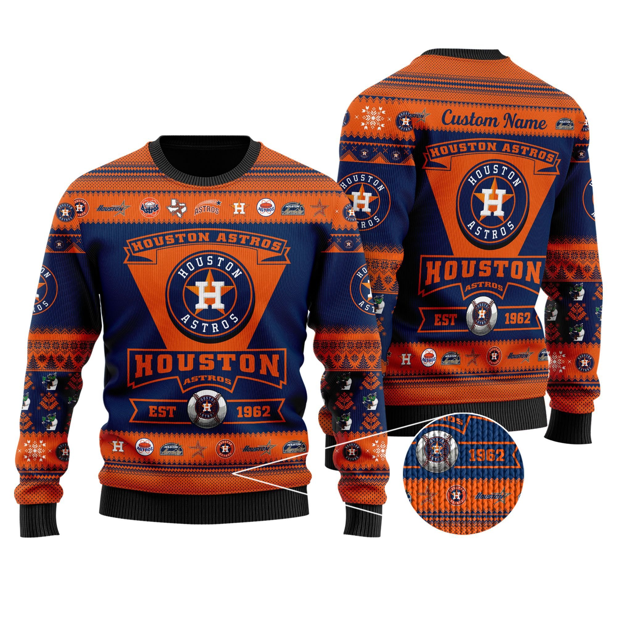 Houston Astros Football Team Logo Custom Name Personalized Ugly Christmas Sweater Houston Astros Football Team Logo Custom Name Personalized Ugly Christmas Sweater