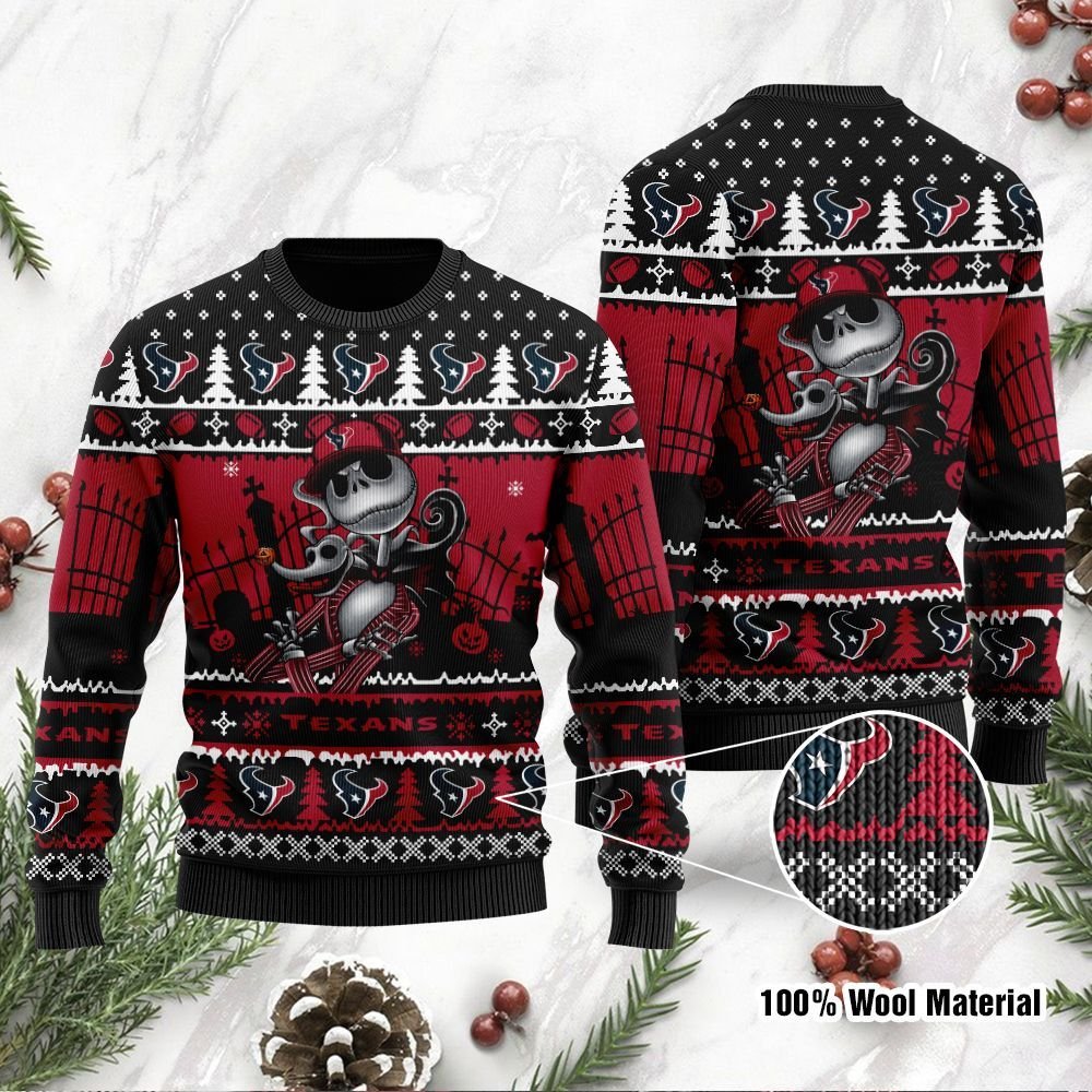 Houston Texans Jack Skellington Halloween Holiday Party Ugly Christmas Sweater Houston Texans Jack Skellington Halloween Holiday Party Ugly Christmas Sweater