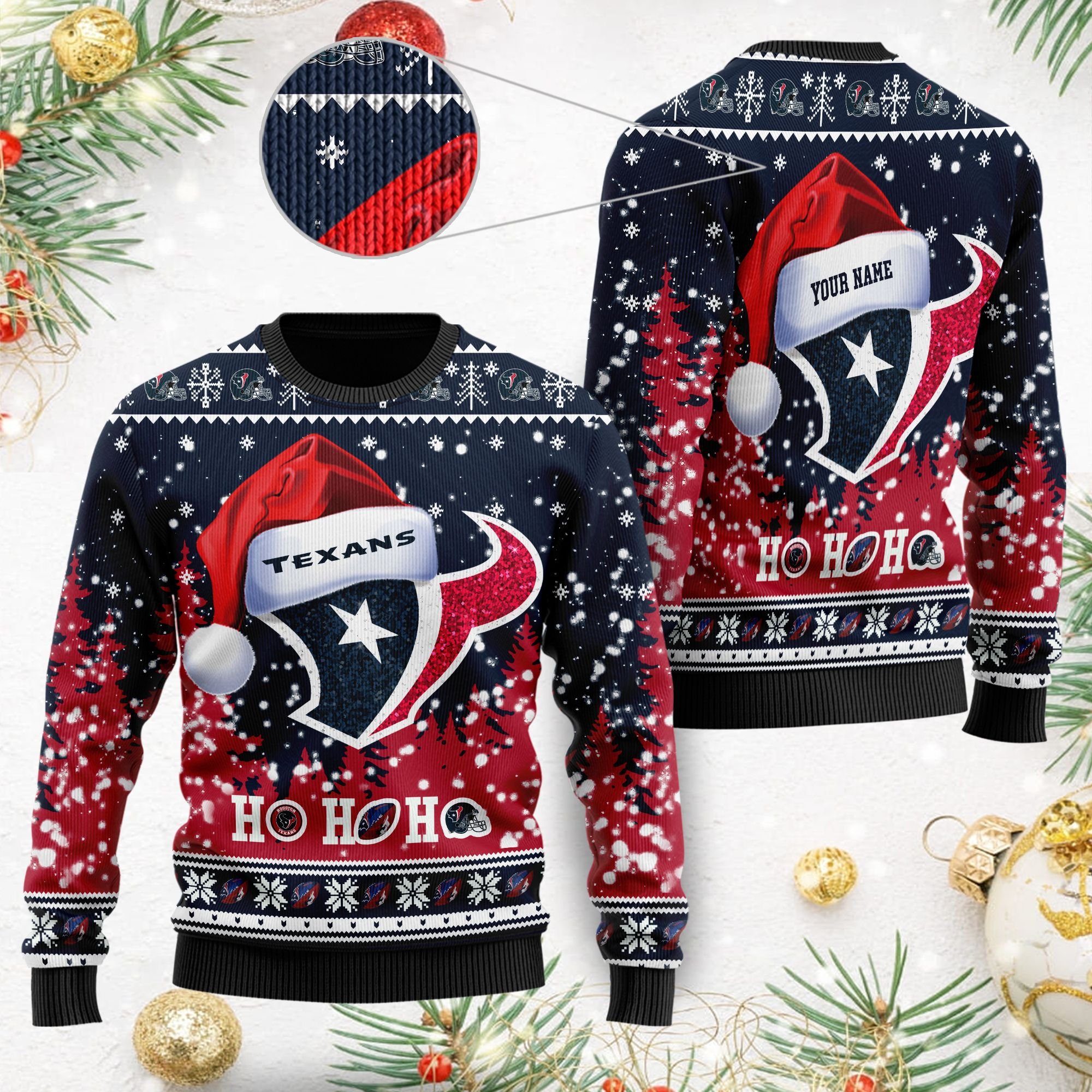 Houston Texans Symbol Wearing Santa Claus Hat Ho Ho Ho Custom Personalized Ugly Christmas Sweater Houston Texans Symbol Wearing Santa Claus Hat Ho Ho Ho Custom Personalized Ugly Christmas Sweater