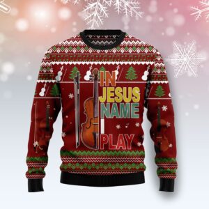 In Jesus Name Play Violin Ugly Christmas Sweater