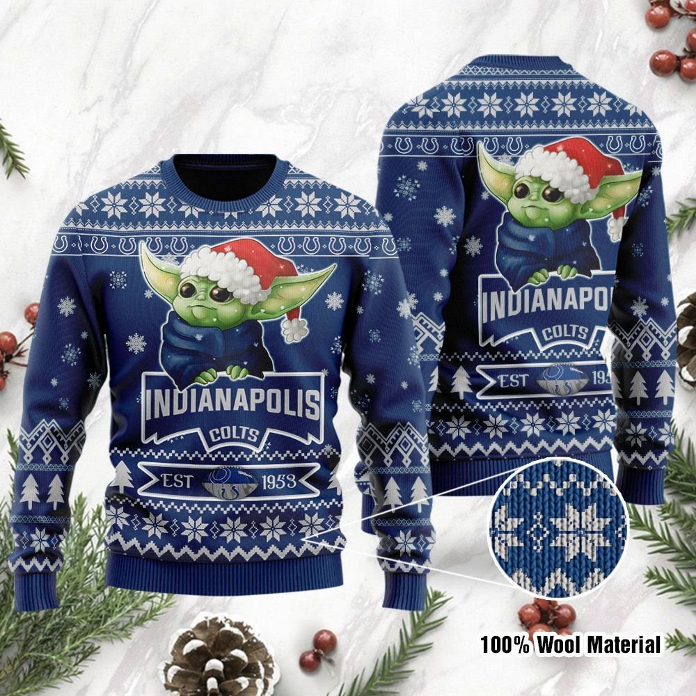 Indianapolis Colts Cute Baby Yoda Grogu Holiday Party Ugly Christmas Sweater Indianapolis Colts Cute Baby Yoda Grogu Holiday Party Ugly Christmas Sweater