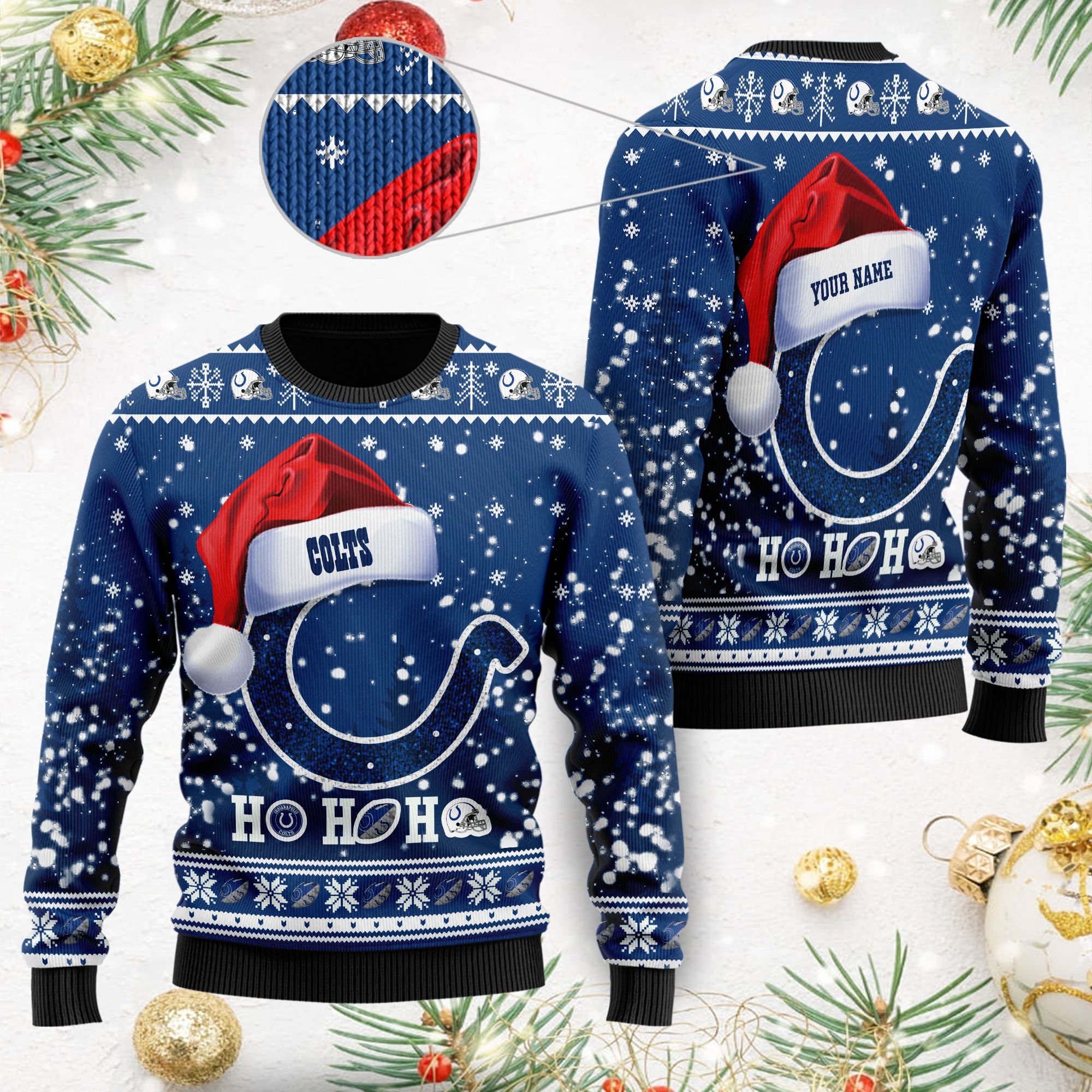 Indianapolis Colts Symbol Wearing Santa Claus Hat Ho Ho Ho Personalized Ugly Christmas Sweater Indianapolis Colts Symbol Wearing Santa Claus Hat Ho Ho Ho Personalized Ugly Christmas Sweater