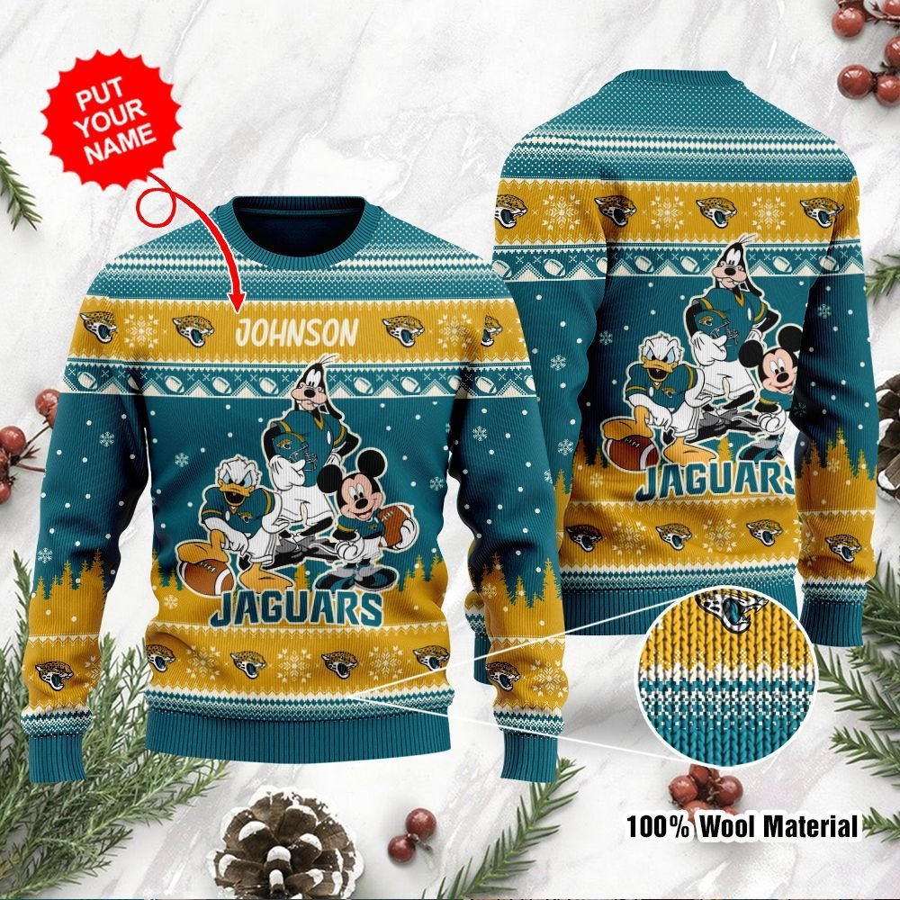 Jacksonville Jaguars Disney Donald Duck Mickey Mouse Goofy Personalized Ugly Christmas Sweater Jacksonville Jaguars Disney Donald Duck Mickey Mouse Goofy Personalized Ugly Christmas Sweater