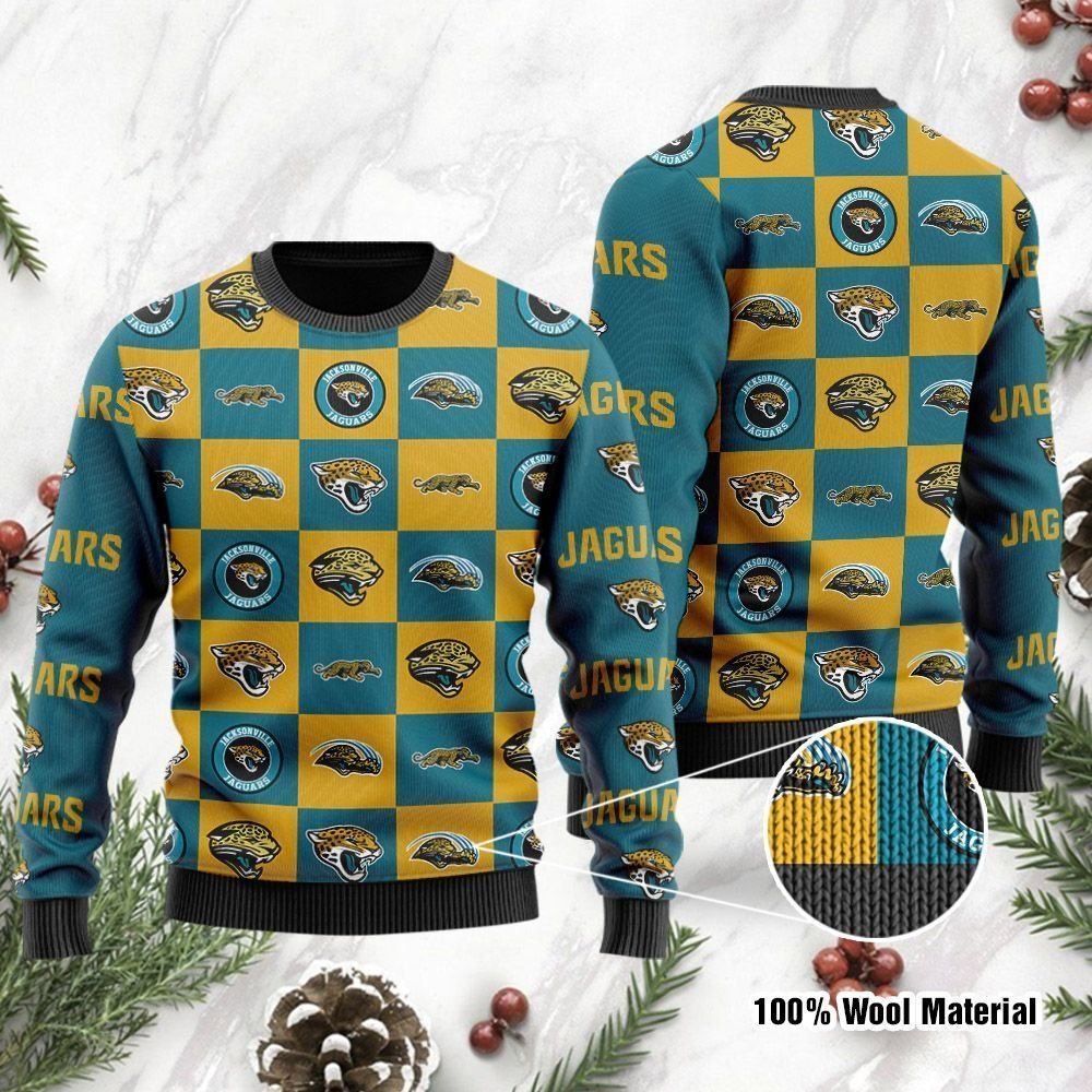 Jacksonville Jaguars Logo Checkered Flannel Design Ugly Christmas Sweater Jacksonville Jaguars Logo Checkered Flannel Design Ugly Christmas Sweater