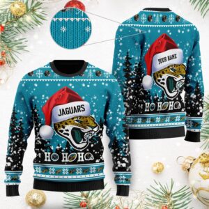 Jacksonville Jaguars Symbol Wearing Santa Claus Hat Ho Ho Ho Personalized Ugly Christmas Sweater