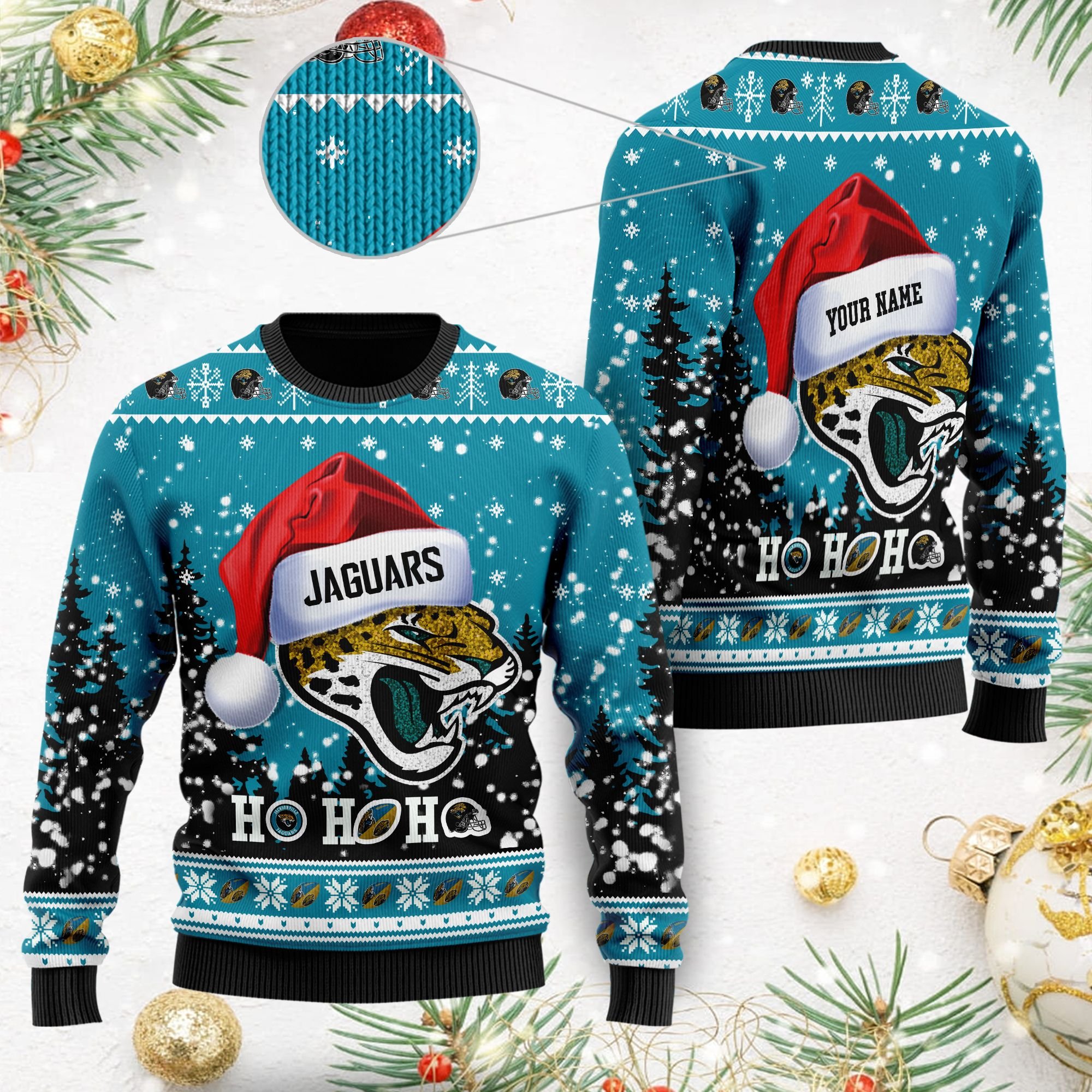 Jacksonville Jaguars Symbol Wearing Santa Claus Hat Ho Ho Ho Personalized Ugly Christmas Sweater Jacksonville Jaguars Symbol Wearing Santa Claus Hat Ho Ho Ho Personalized Ugly Christmas Sweater