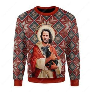 Jesus Keanu Reeves With Dog Ugly Christmas Sweater