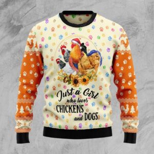 Just A Girl Who Loves Chickens And Dogs Christmas Ugly Sweater