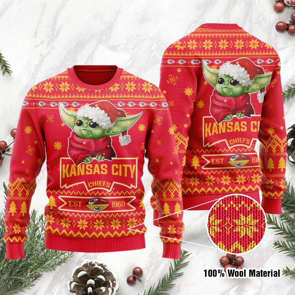 Kansas City Chiefs Cute Baby Yoda Grogu Holiday Party Ugly Christmas Sweater Kansas City Chiefs Cute Baby Yoda Grogu Holiday Party Ugly Christmas Sweater