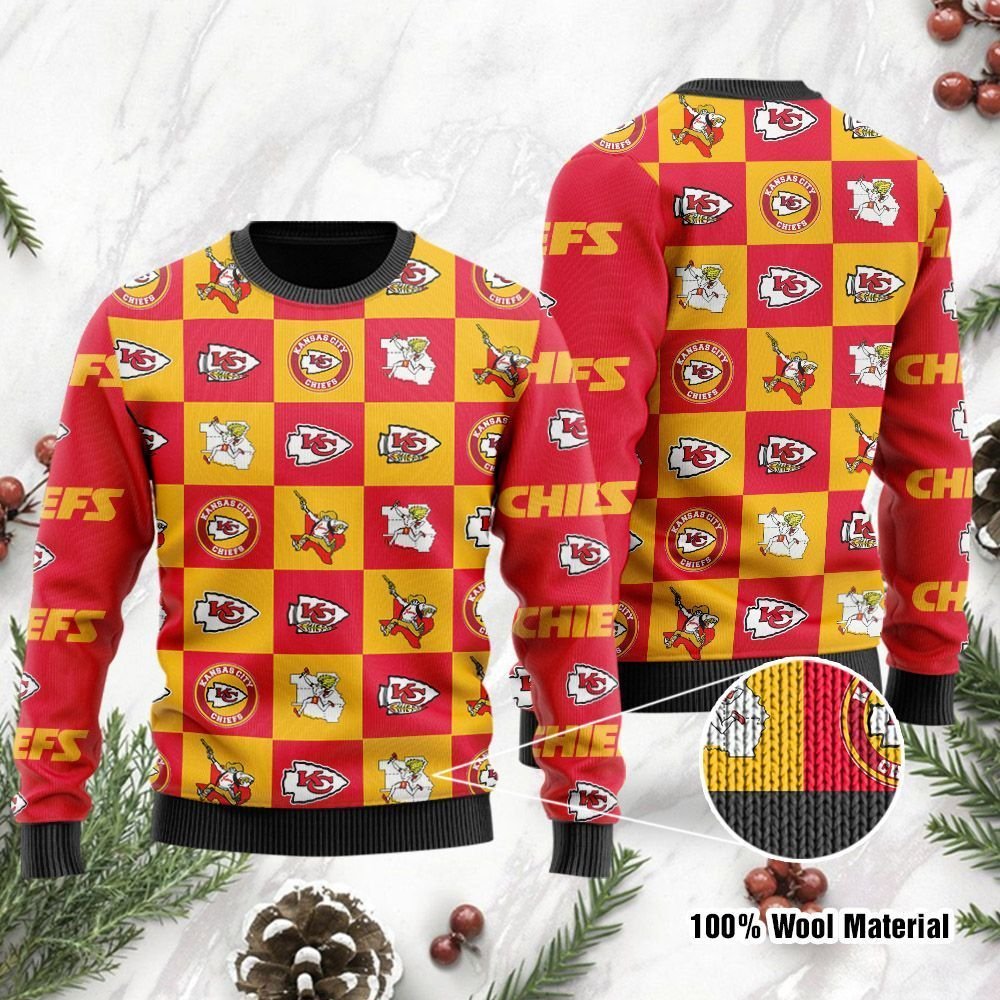 Kansas City Chiefs Logo Checkered Flannel Design Ugly Christmas Sweater Kansas City Chiefs Logo Checkered Flannel Design Ugly Christmas Sweater