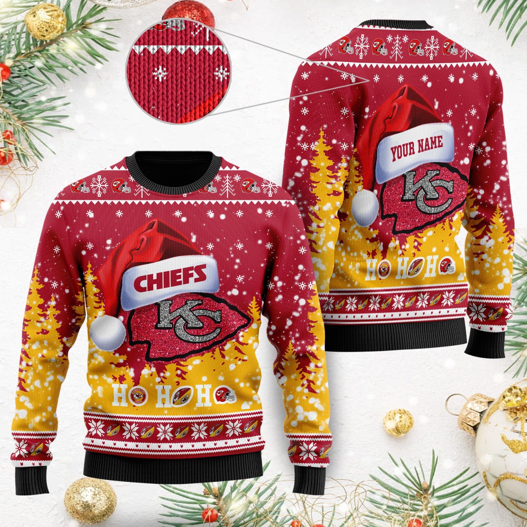 Kansas City Chiefs Symbol Wearing Santa Claus Hat Ho Ho Ho Personalized Ugly Christmas Sweater Kansas City Chiefs Symbol Wearing Santa Claus Hat Ho Ho Ho Personalized Ugly Christmas Sweater