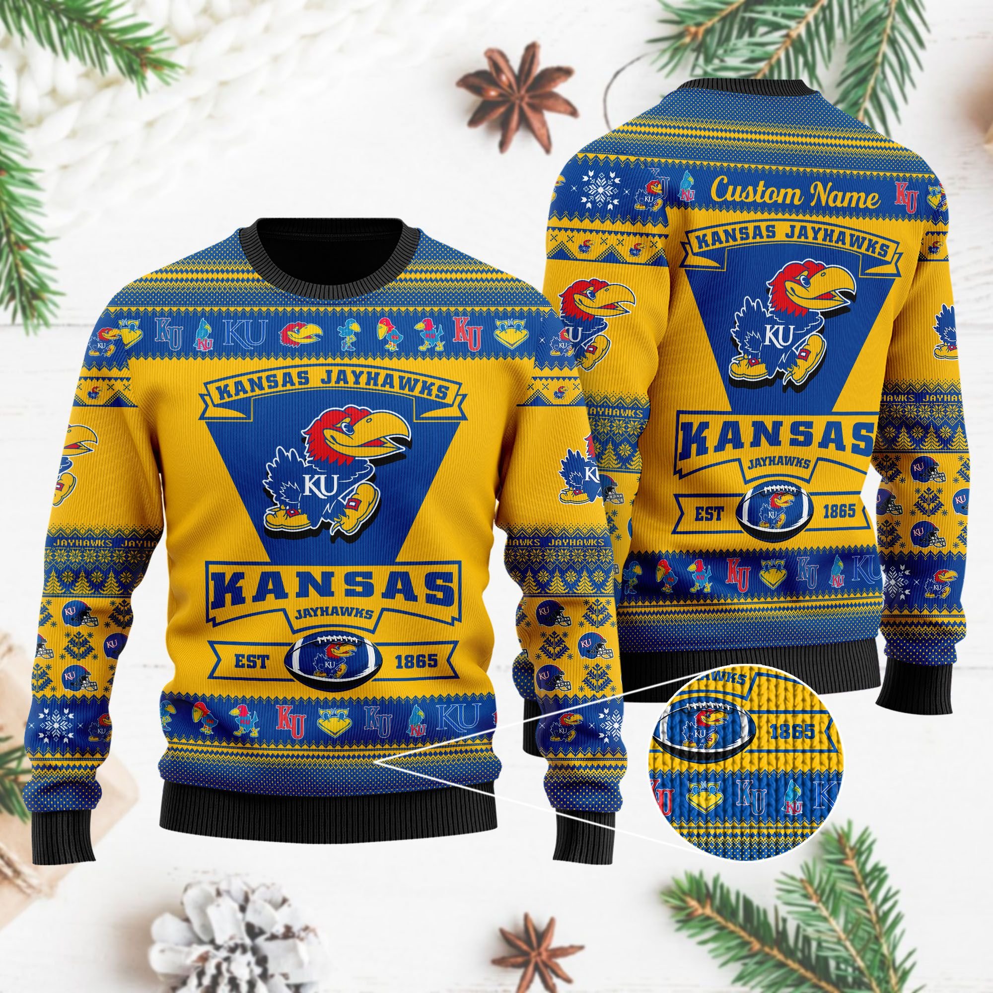 Kansas Jayhawks Football Team Logo Custom Name Personalized Ugly Christmas Sweater Kansas Jayhawks Football Team Logo Custom Name Personalized Ugly Christmas Sweater
