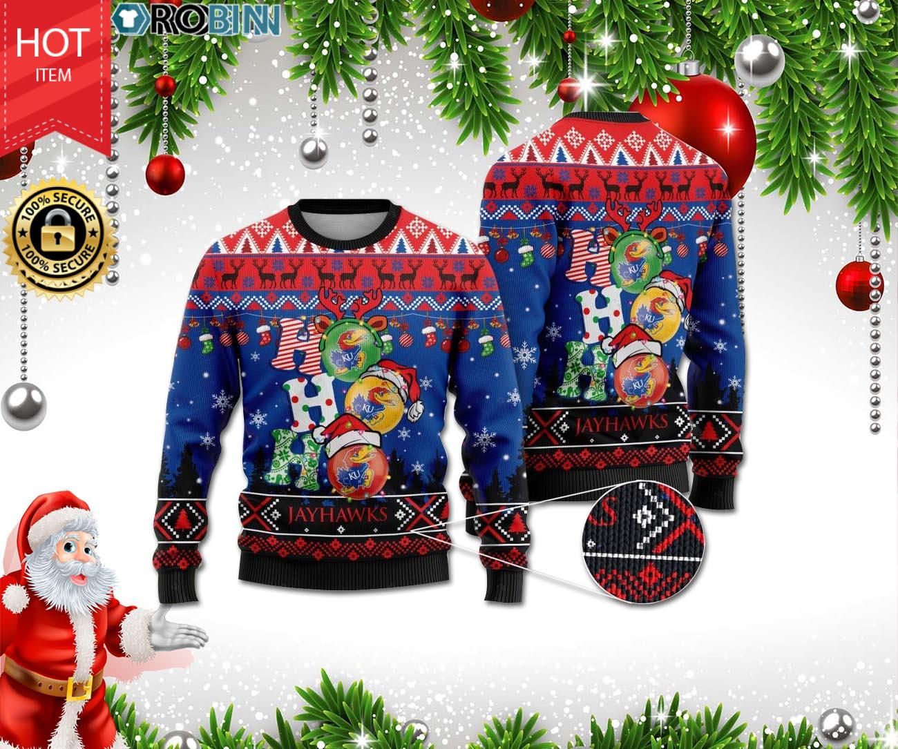 Kansas Jayhawks Ho Ho Ho 3D Print Christmas Wool Sweater Kansas Jayhawks Ho Ho Ho 3D Print Christmas Wool Sweater
