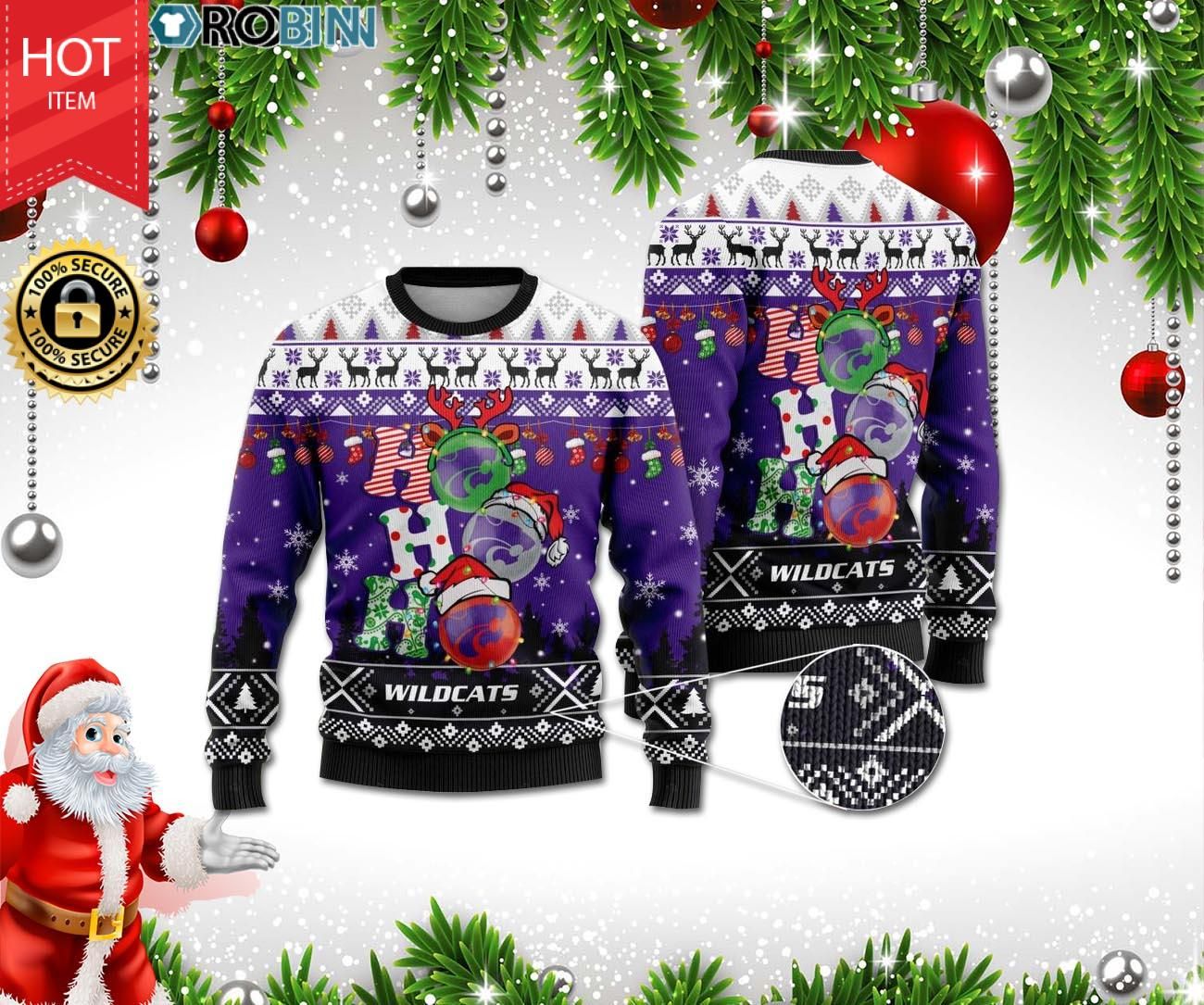 Kansas State Wildcats Ho Ho Ho 3D Print Christmas Wool Sweater Kansas State Wildcats Ho Ho Ho 3D Print Christmas Wool Sweater