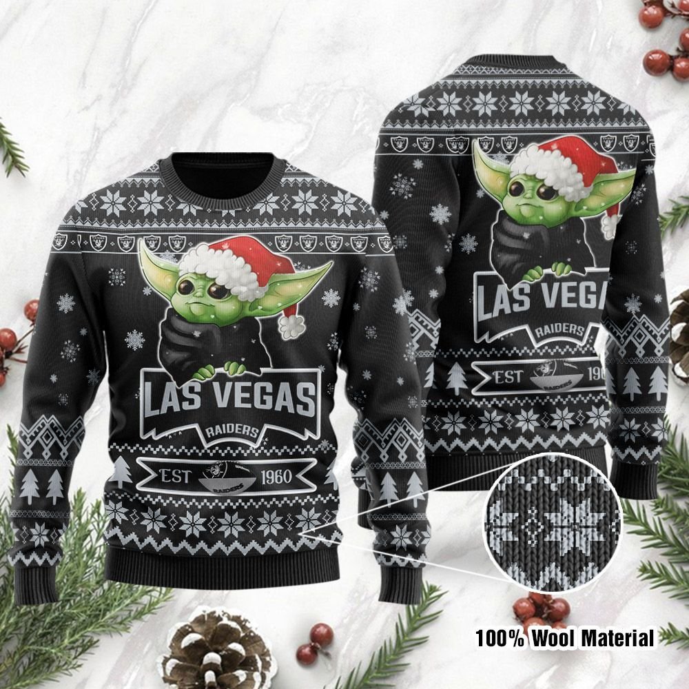 Las Vegas Raiders Cute Baby Yoda Grogu Holiday Party Ugly Christmas Sweater Las Vegas Raiders Cute Baby Yoda Grogu Holiday Party Ugly Christmas Sweater