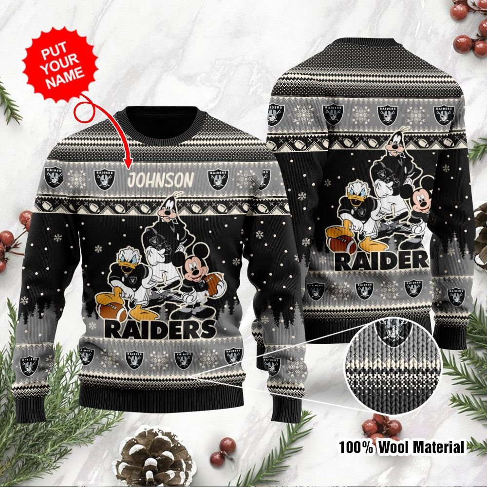 Las Vegas Raiders Disney Donald Duck Mickey Mouse Goofy Personalized Ugly Christmas Sweater Las Vegas Raiders Disney Donald Duck Mickey Mouse Goofy Personalized Ugly Christmas Sweater