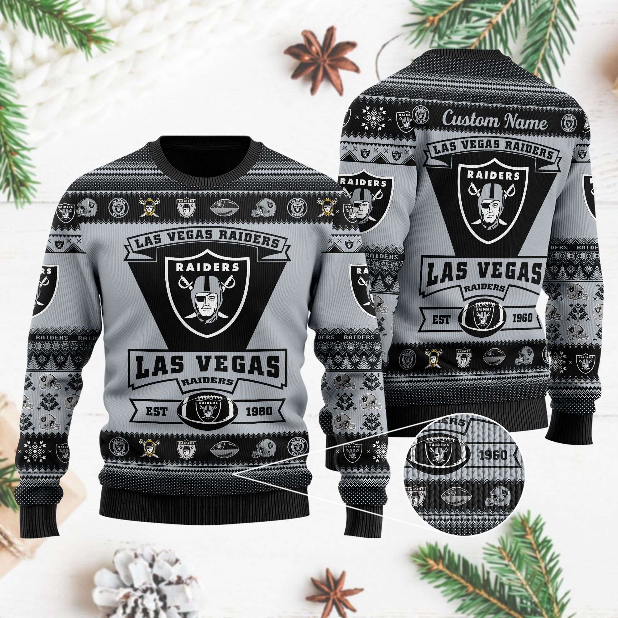 Las Vegas Raiders Football Team Logo Custom Name Personalized Ugly Christmas Sweater Las Vegas Raiders Football Team Logo Custom Name Personalized Ugly Christmas Sweater