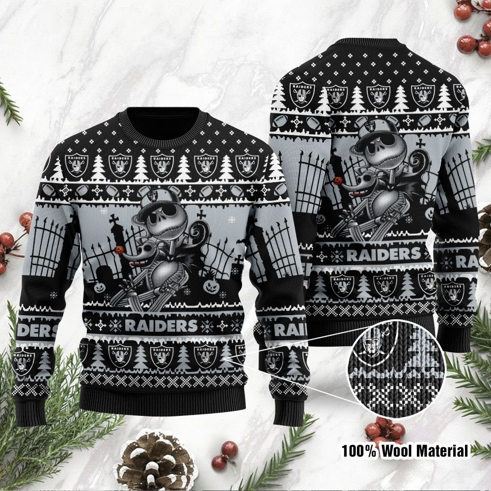 Las Vegas Raiders Jack Skellington Halloween Holiday Party Ugly Christmas Sweater Las Vegas Raiders Jack Skellington Halloween Holiday Party Ugly Christmas Sweater