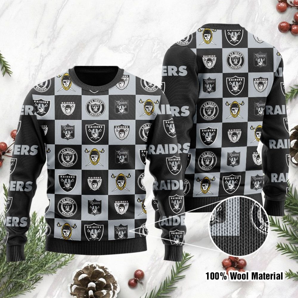 Las Vegas Raiders Logo Checkered Flannel Ugly Christmas Sweater Las Vegas Raiders Logo Checkered Flannel Ugly Christmas Sweater