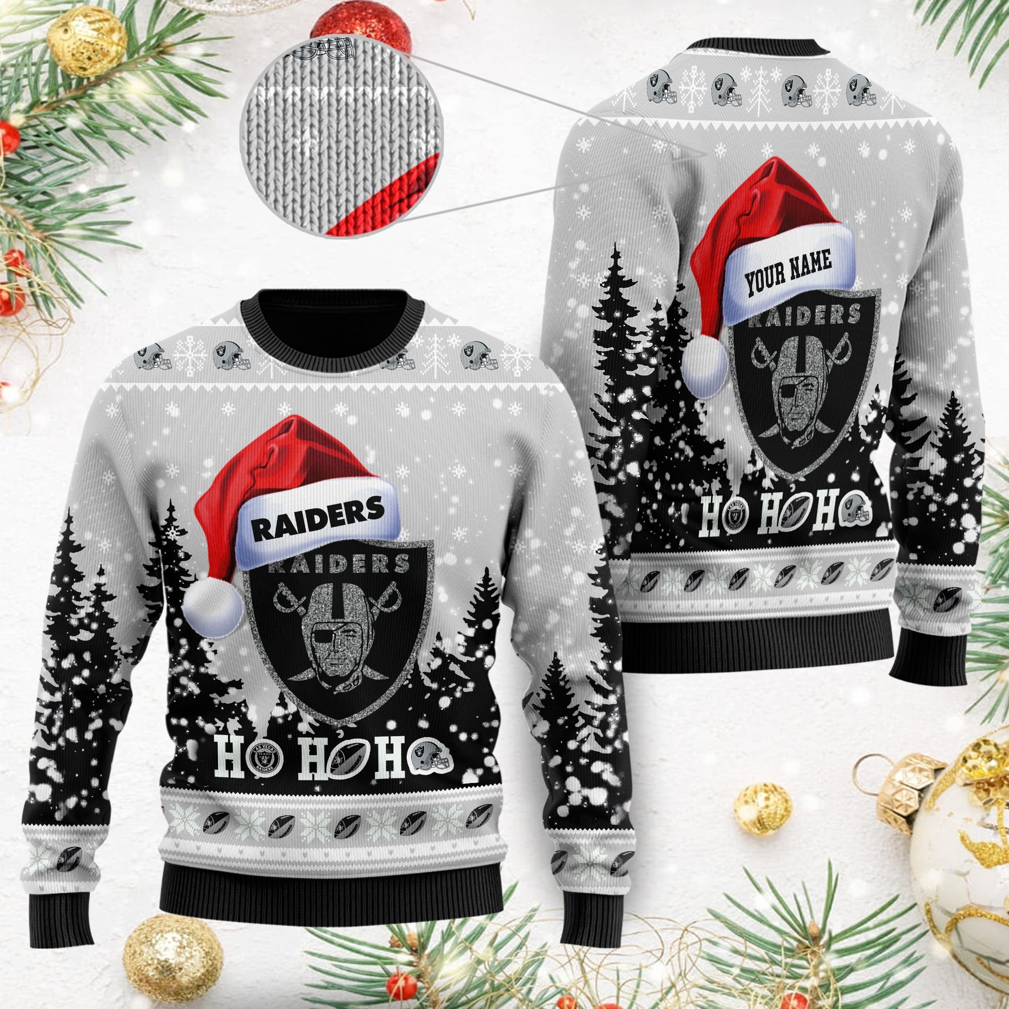 Las Vegas Raiders Symbol Wearing Santa Claus Hat Ho Ho Ho Custom Personalized Ugly Christmas Sweater Las Vegas Raiders Symbol Wearing Santa Claus Hat Ho Ho Ho Custom Personalized Ugly Christmas Sweater