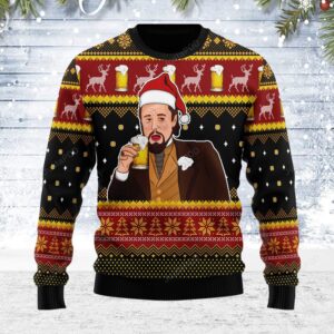 Leo Laughing Meme Drinking Bear Ugly Christmas Sweater