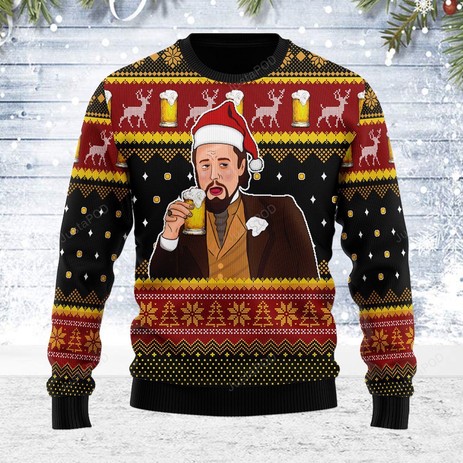 Leo Laughing Meme Drinking Bear Ugly Christmas Sweater Leo Laughing Meme Drinking Bear Ugly Christmas Sweater