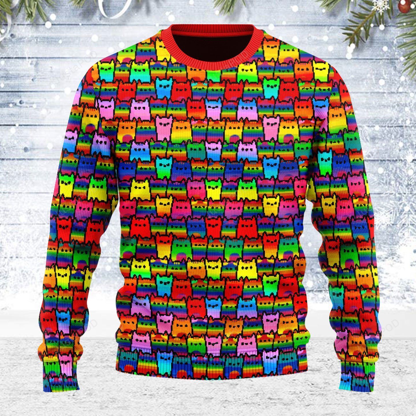 LGBTQ+ Rainbow Flag Cat Ugly Christmas Sweater LGBTQ+ Rainbow Flag Cat Ugly Christmas Sweater