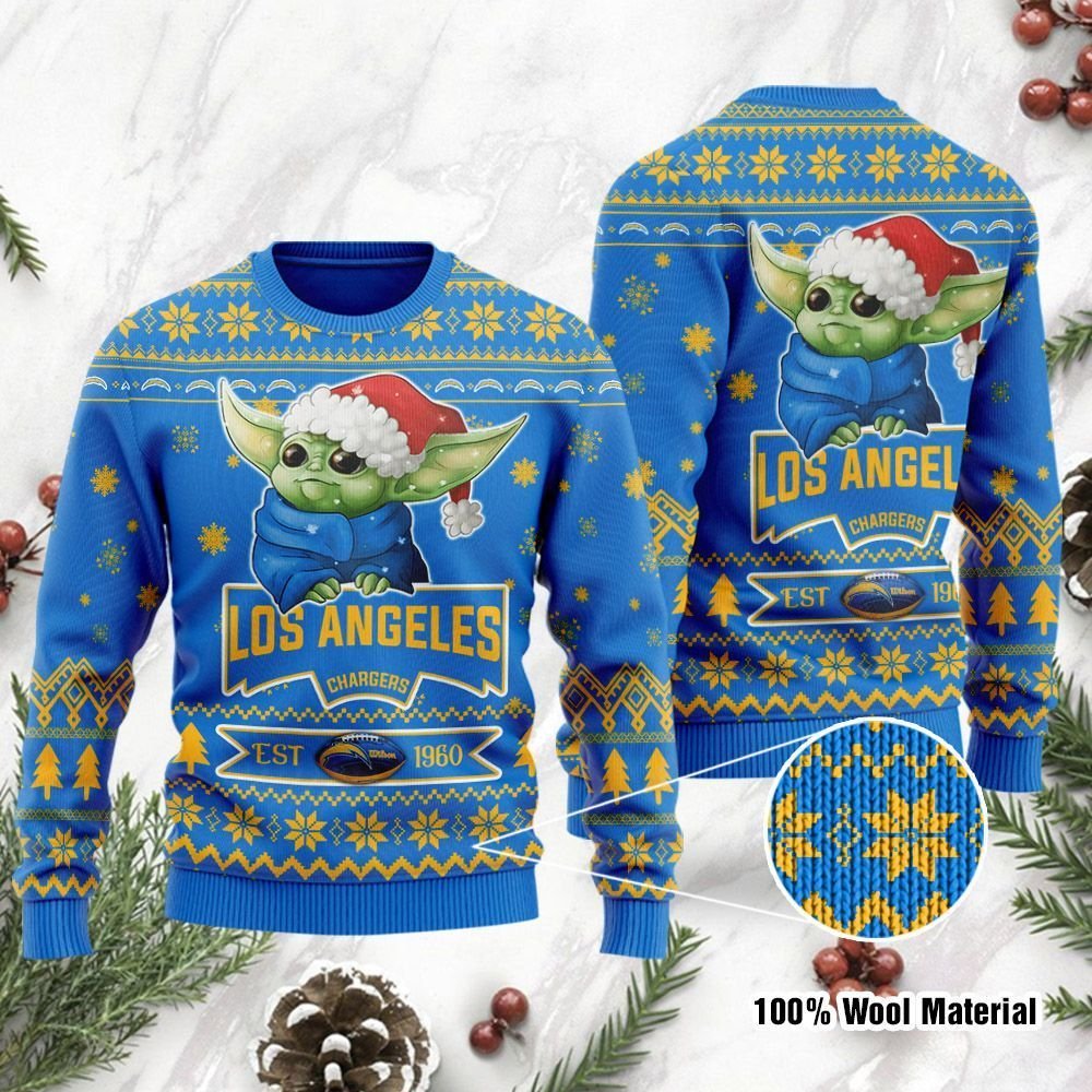 Los Angeles Chargers Cute Baby Yoda Grogu Ugly Christmas Sweater Los Angeles Chargers Cute Baby Yoda Grogu Ugly Christmas Sweater