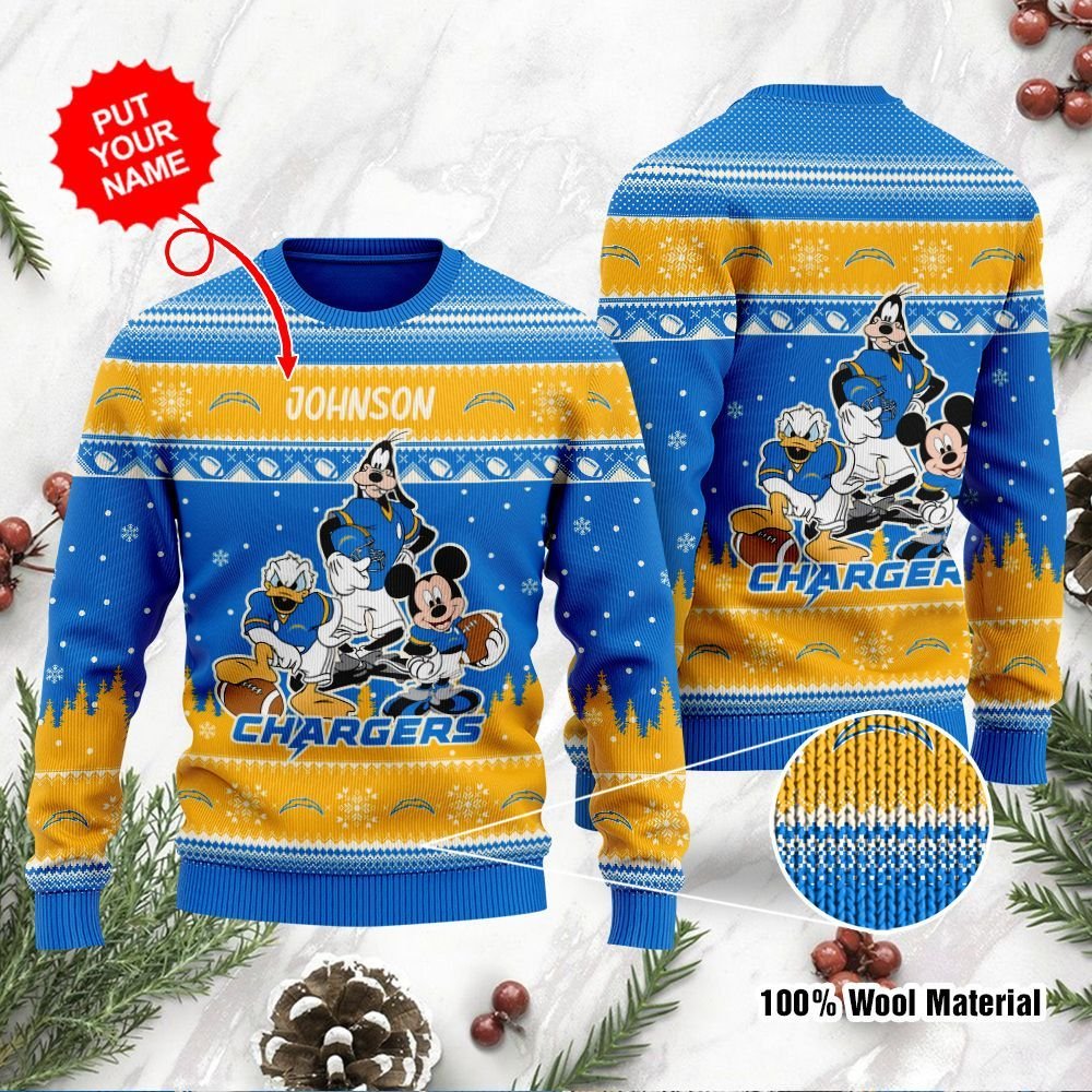 Los Angeles Chargers Disney Donald Duck Mickey Mouse Goofy Personalized Ugly Christmas Sweater Los Angeles Chargers Disney Donald Duck Mickey Mouse Goofy Personalized Ugly Christmas Sweater