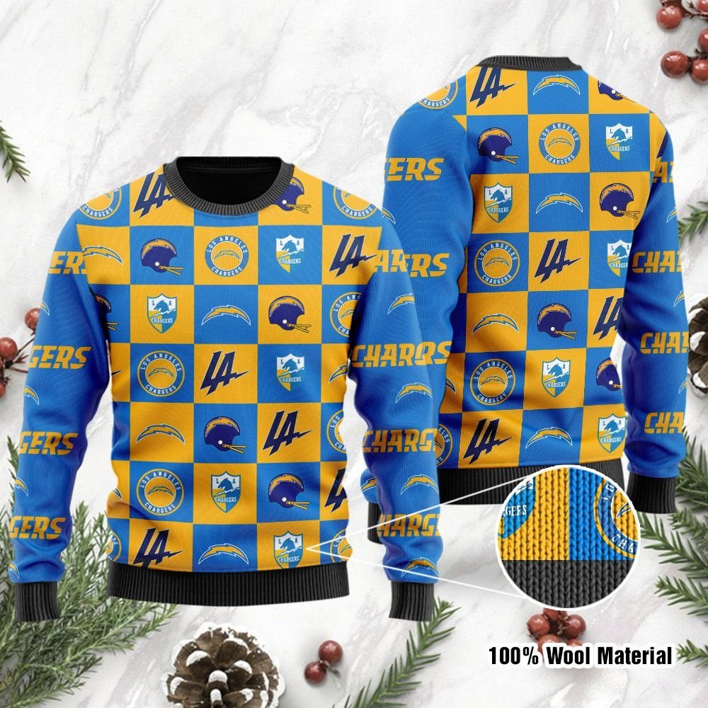 Los Angeles Chargers Logo Checkered Flannel Ugly Christmas Sweater Los Angeles Chargers Logo Checkered Flannel Ugly Christmas Sweater